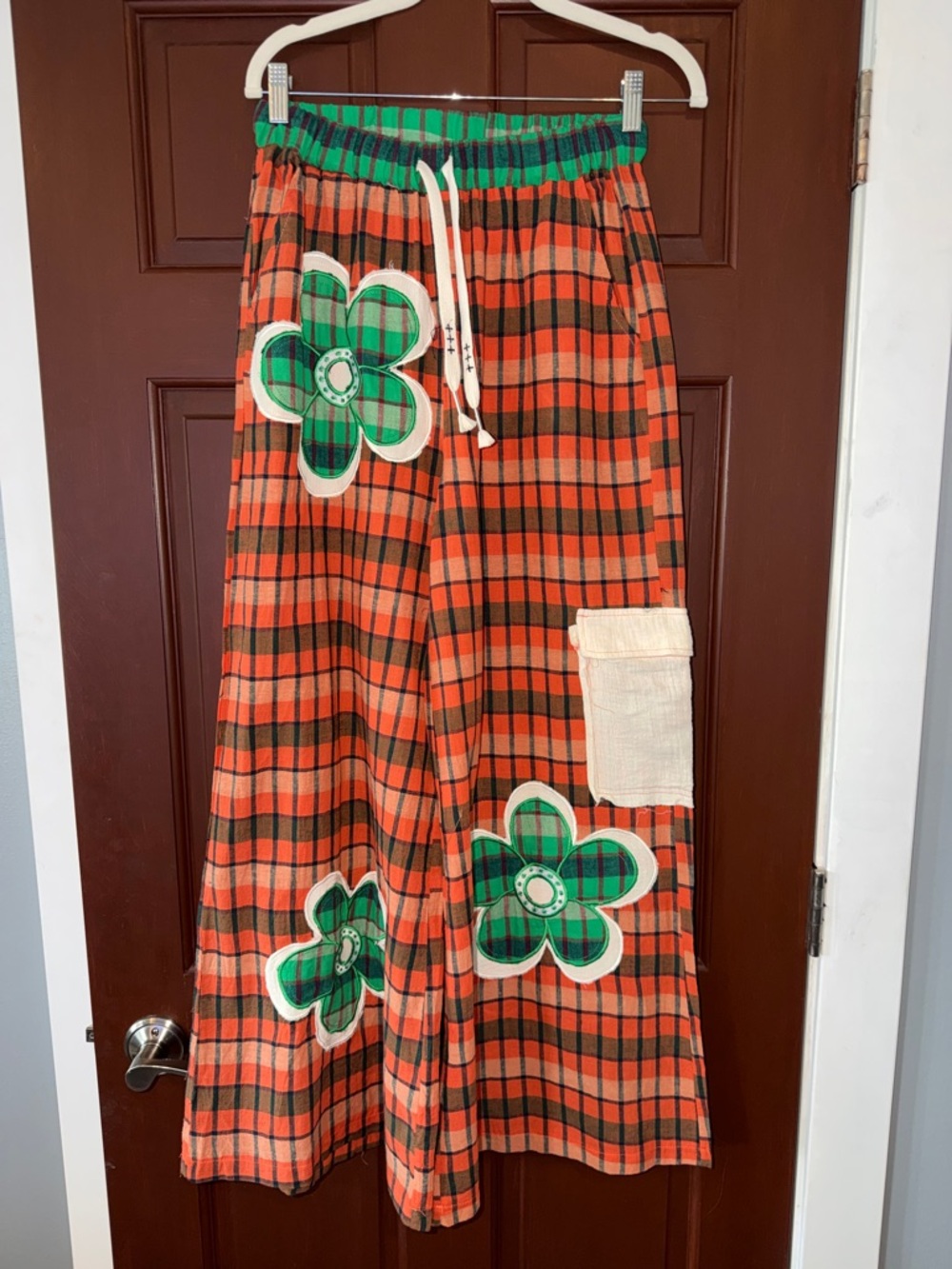 POL Orange Plaid Wide-Leg Pants with Green Flower Appliqués